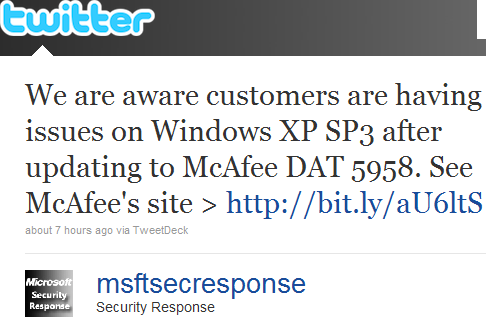 微软：McAfee病毒库更新会导致XP故障